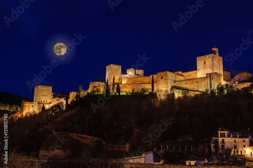 Night view of the Alhambra with full moon