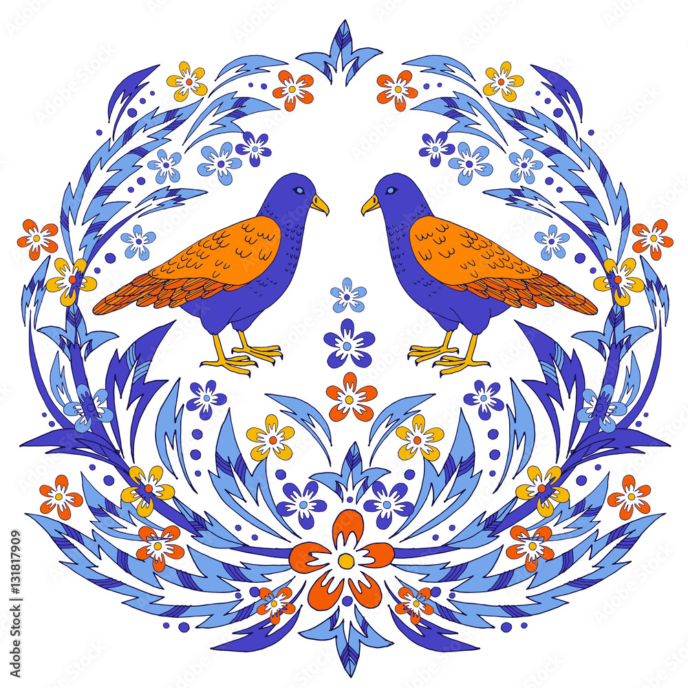 Vector baroque style design with flowers and leaves. Victorian vintage style hand drawn illustration, floral composition with birds