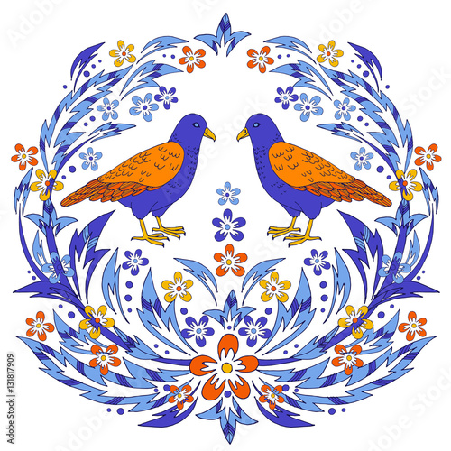 Vector baroque style design with flowers and leaves. Victorian vintage style hand drawn illustration  floral composition with birds
