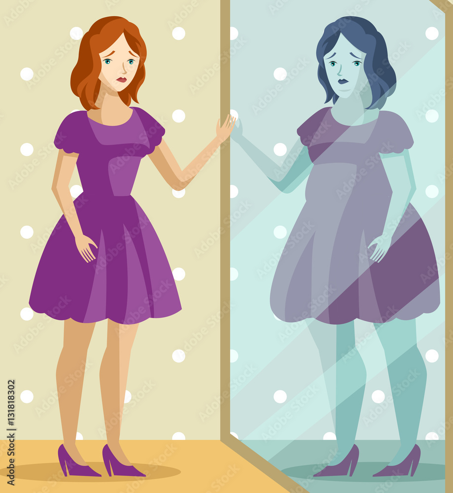 anorexia girl looking an obese reflex on the mirror anorexia girl looking an obese reflex on the mirror