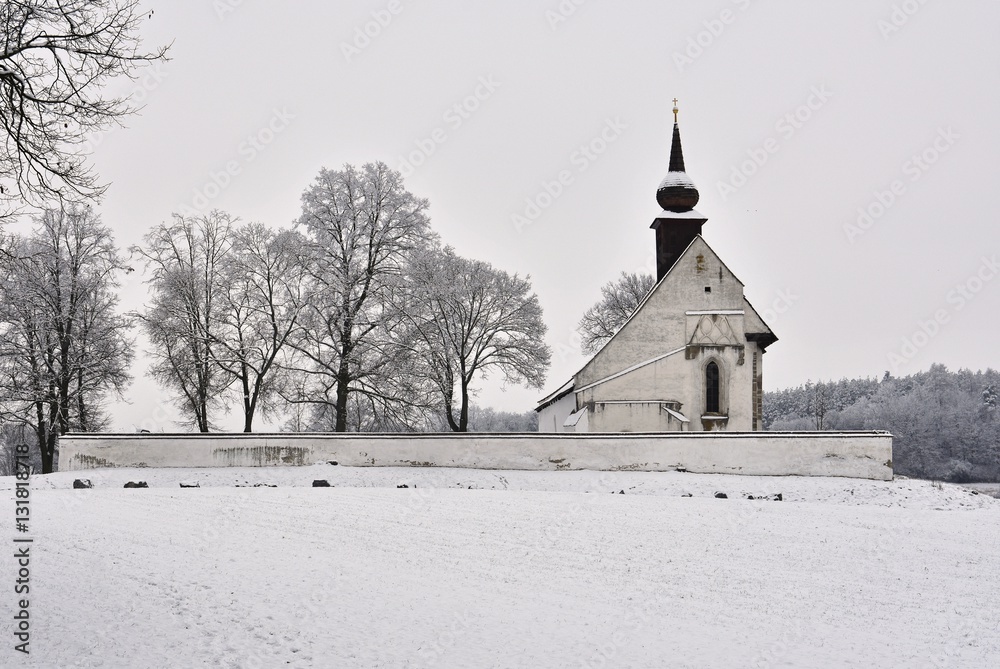 Winter landscape with a beautiful chapel near castle Veveri. Czech Republic city of Brno. The Chapel of the Mother of God.