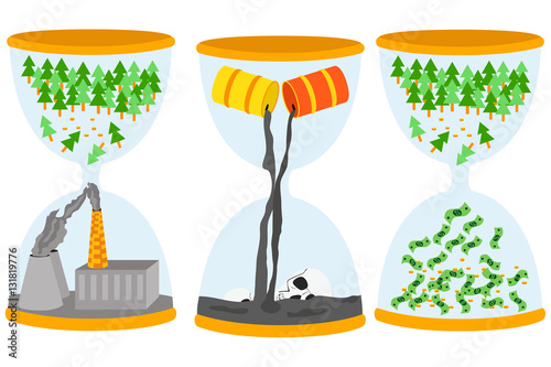 Ecology problem concept. Sandglasses with oil pollution problem, scaffolding, air pollution.