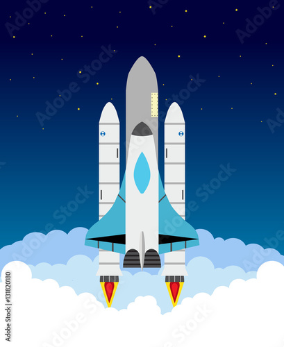 Starting shuttle illustration. Clouds, stars, shuttle and rocket