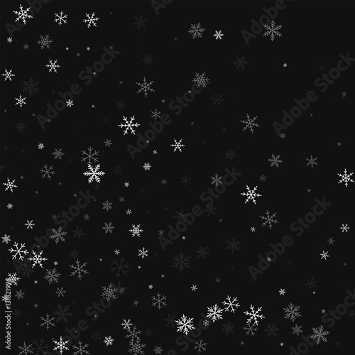 Sparse snowfall. Abstract mess on black background. Vector illustration.