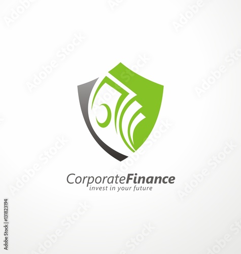 Logo design concept for safe investments with shield shape and money bills in negative space