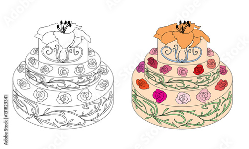 Coloring book page cake with roses. Sketch and color version. Stock ...