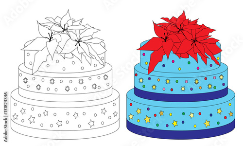 Coloring book page sweet birthday cake. Sketch and color version.