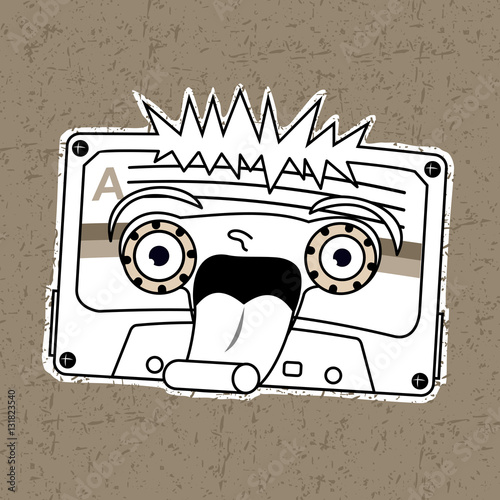 Vector illustration compact tape cassettes. Cartoon character. Pop muisic 80s. Web graphics, banners, advertisements, stickers, labels, business templates, t-shirt. 