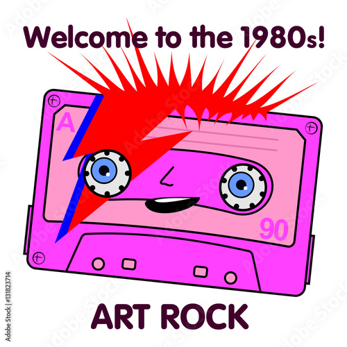 Vector illustration compact tape cassettes. Cartoon character. Pop muisic 80s. Web graphics, banners, advertisements, stickers, labels, business templates, t-shirt. 