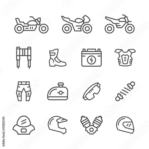 Set of motorcycle related line icons