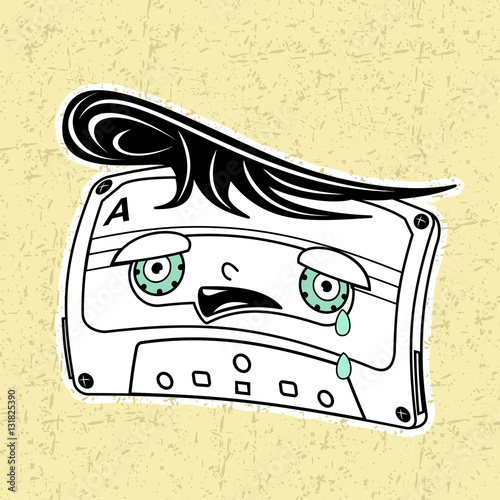 Vector illustration compact tape cassettes. Cartoon character. Pop muisic 80s. Web graphics, banners, advertisements, stickers, labels, business templates, t-shirt. 