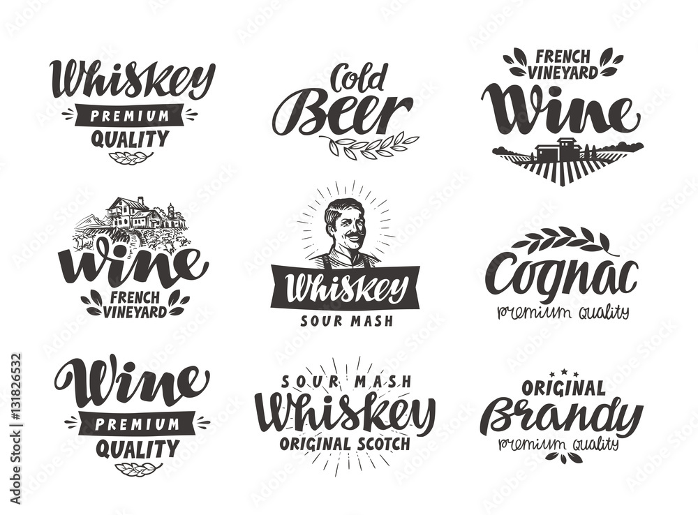 Menu, alcoholic drinks. Vector labels wine, beer, whiskey, brandy, cognac