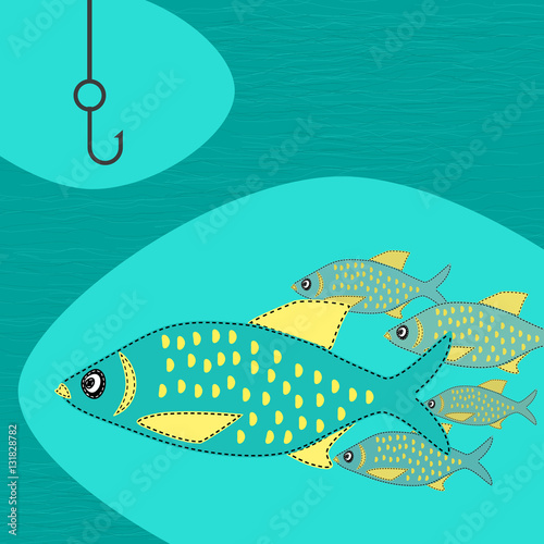 Fishing emblem. Freehand drawn fancy icon in cartoon style. Colorful animal logo template. Fish, fishermen hook sign. Element for project banner background. Vector design of advertisement label symbol