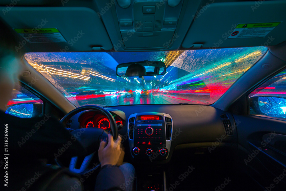 Night road view from inside car Night road view from inside car