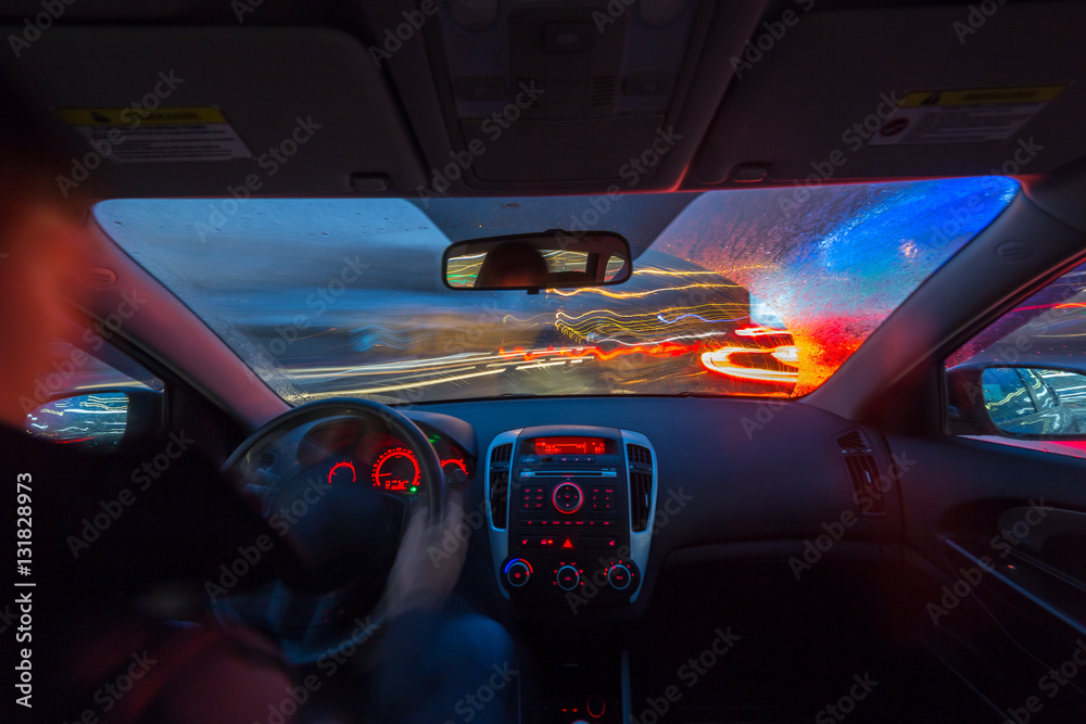 Night road view from inside car