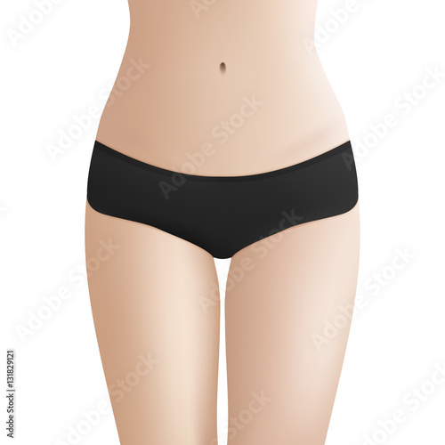 Beautiful woman s body in black bikini panties. Realistic vector template for design. Women health and intimate hygiene concept.