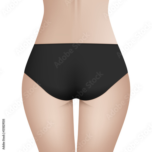 Beautiful woman s body in black bikini panties. Realistic vector template for design. Women health and intimate hygiene concept.