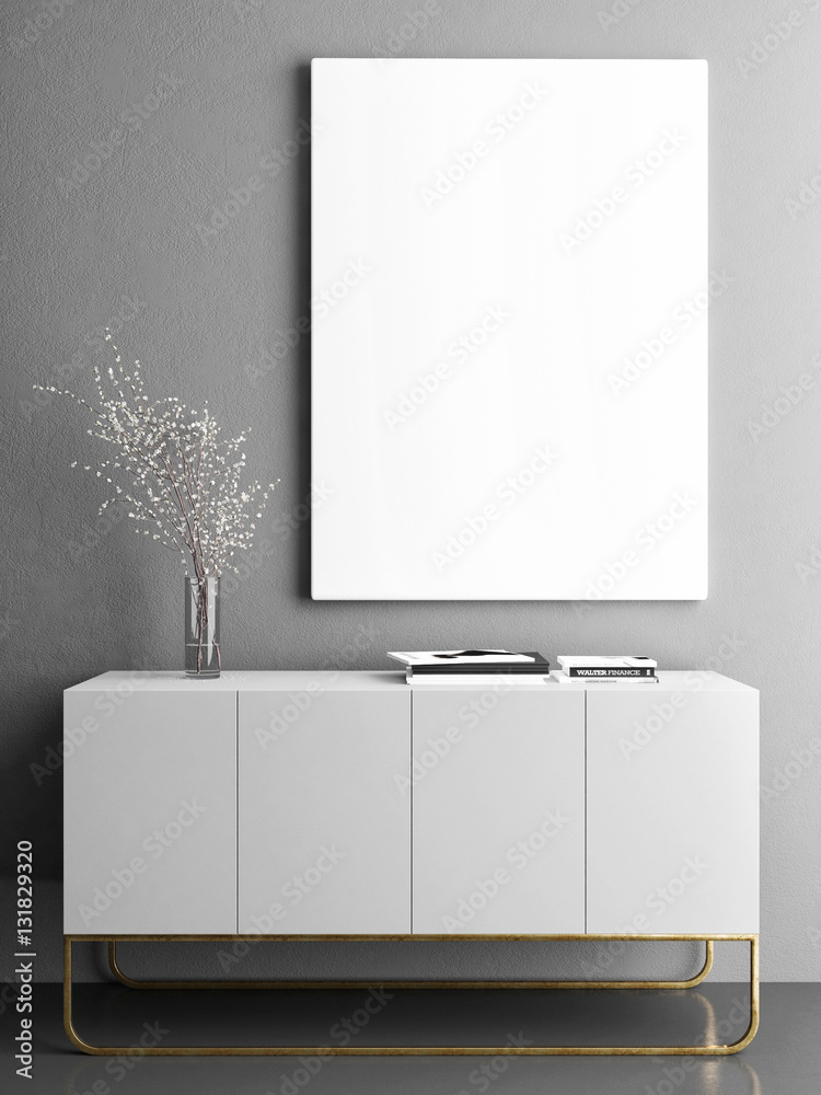 Close up poster on chest drawers, 3d illustration