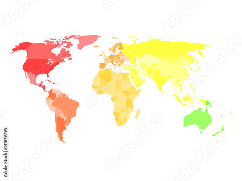 Blank simplified political map of world with different colors of each continent - North America, South America, Europe, Africa, Asia and Australia. Vector illustration