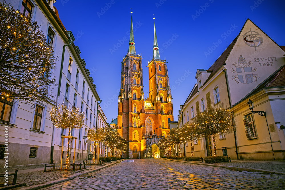 The Cathedral of St. John the Baptist on Tumski island at night in Wroclaw, Poland