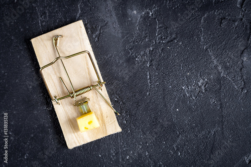 concept food for rodents in mousetrap wooden background top view