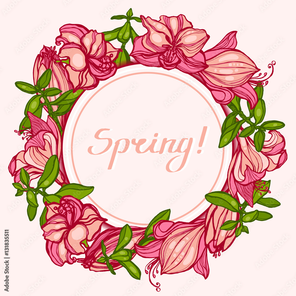 Spring! Round frame with flowers Amaryllis, Hippeastrum and succulents Crassula. Congratulations, invitation card. Hand drawn. Vector illustration.