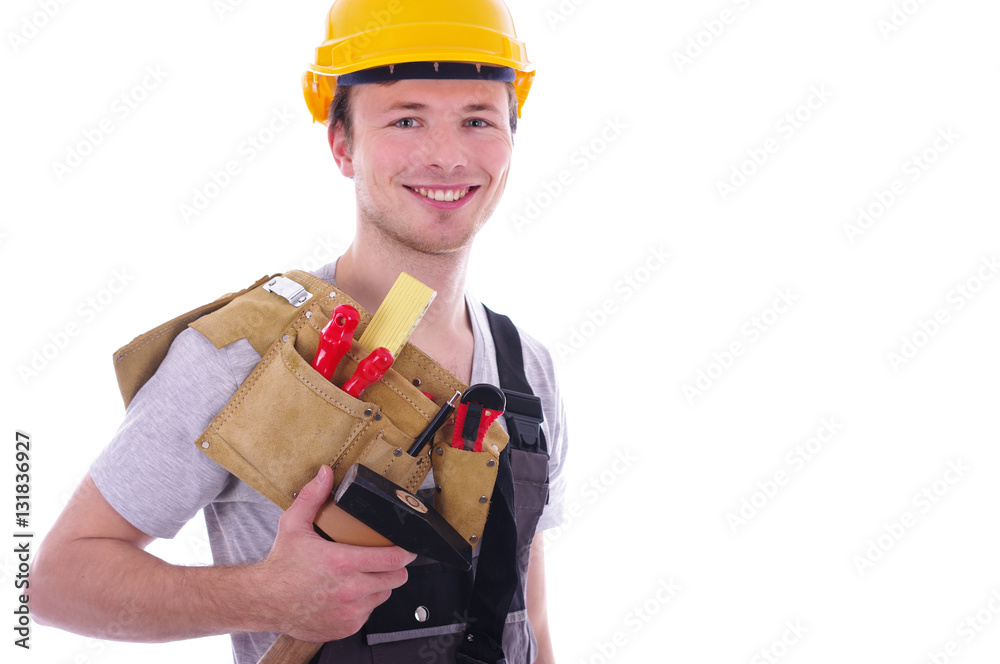 sympathischer Handwerker vor weißem Hintergrund sympathischer Handwerker vor weißem Hintergrund