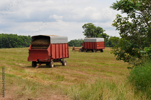 Red Haywagons in Field