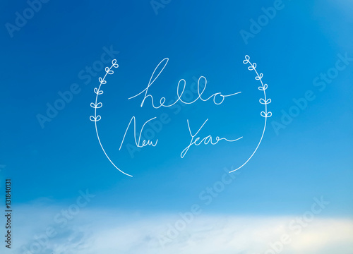 Hello New Year word lettering on blue sky