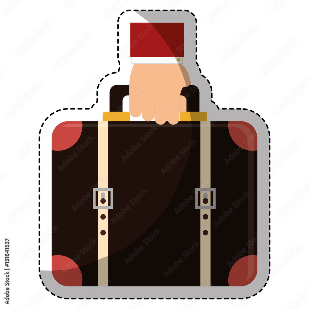 hand holding a luggage over white background. hotel service concept. colorful design. vector illustration