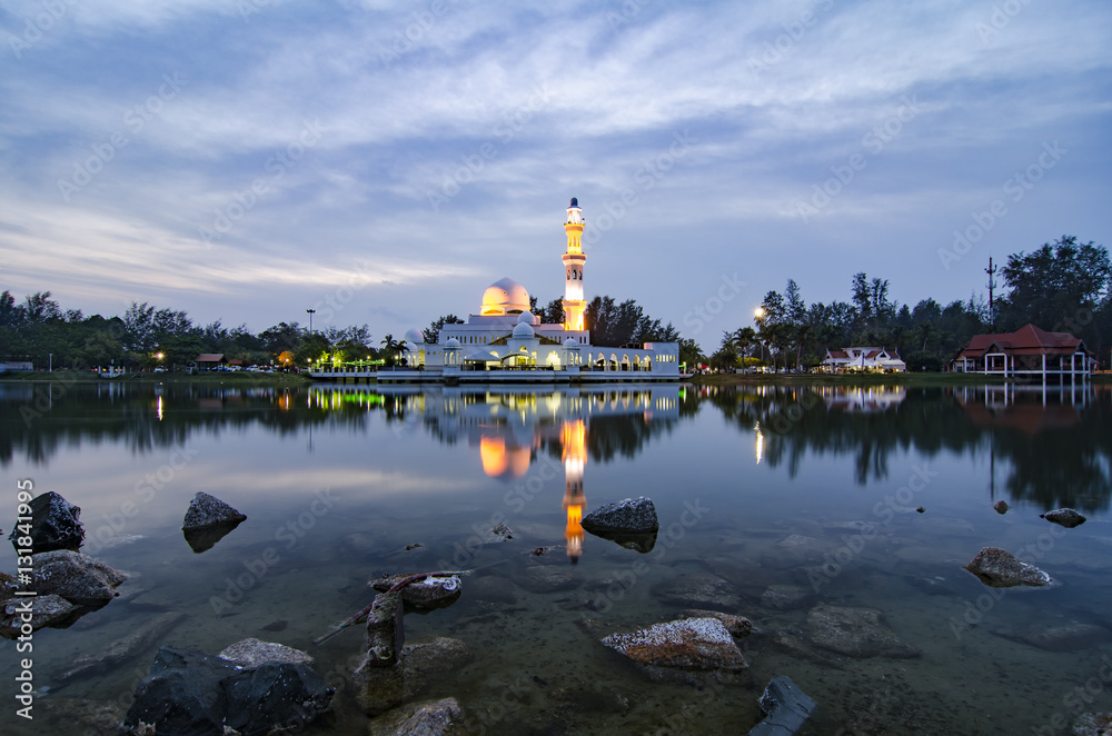 silhouette image of iconic floating mosque in Terengganu, Malays