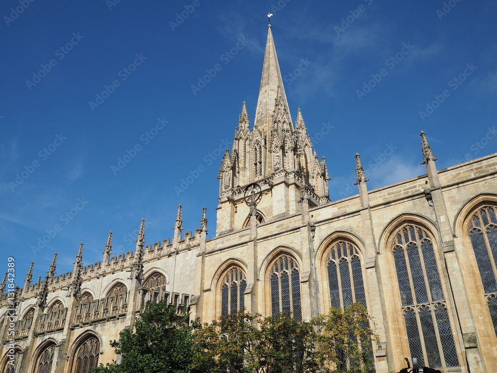 Medieval St. Mary's Church in Oxford, England, as seen from the High Street