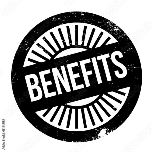 Benefits stamp. Grunge design with dust scratches. Effects can be easily removed for a clean, crisp look. Color is easily changed.