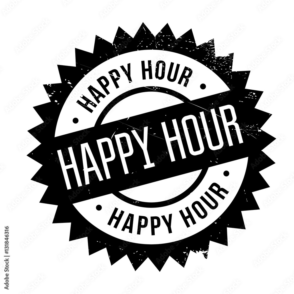 Happy hour stamp. Grunge design with dust scratches. Effects can be easily removed for a clean, crisp look. Color is easily changed.