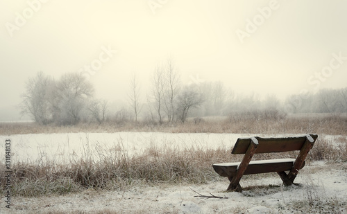 Lonely wooden bench in the park