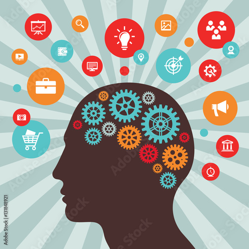 Human head and icons - vector concept illustration in flat style design. Creative idea inspiration layout. Brain abstract process banner.