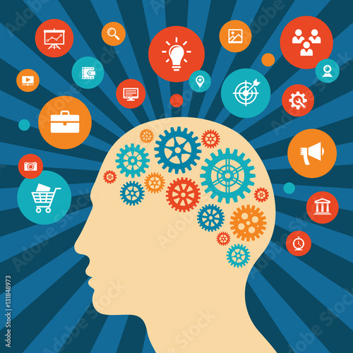 Human head and icons - vector concept illustration in flat style design. Creative idea inspiration layout. Brain abstract process banner.