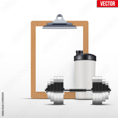 Coaching blank clipboard and workout bottle with dumpbell. Editable Vector illustration Isolated on white background.