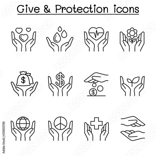 Give ,Protection, Donation, Charity icon set in thin line style
