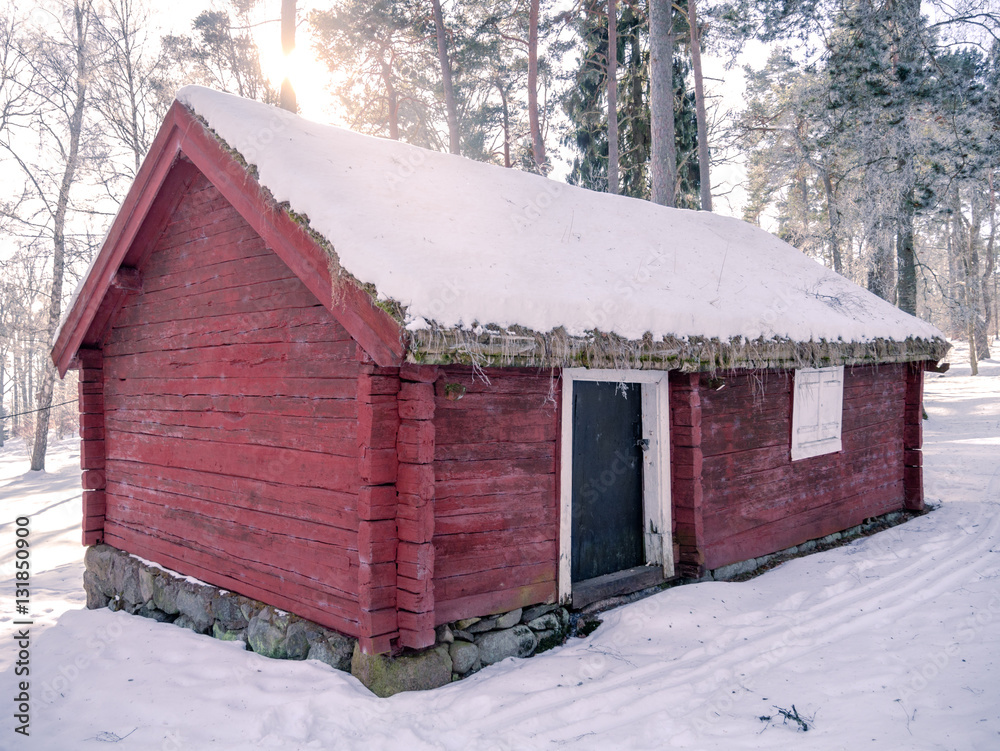 Old cabin, cold winter morning
