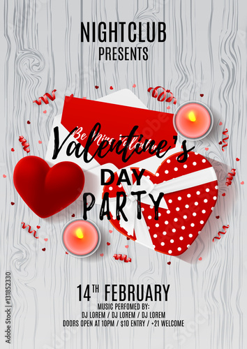 Happy Valentine's Day paty flyer. Top view on composition with gift boxes and red case for ring. Beautiful banner with confetti and serpentine on wooden texture. Vector illustration.