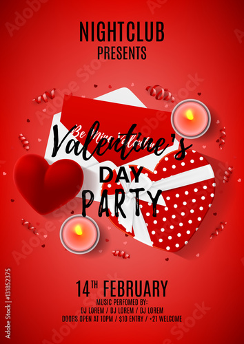 Red paty flyer for Valentine's Day. Top view on composition with gift boxes and case for ring. Beautiful banner with confetti and serpentine. Vector illustration.
