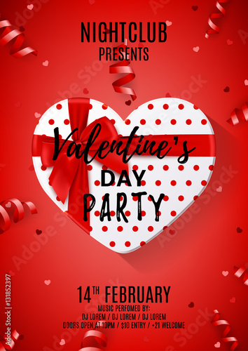 Red party flyer for Valentine's Day. Beautiful poster with gift box in the form of heart. Vector illustration with serpentine and confetti. Invitation to nightclub.