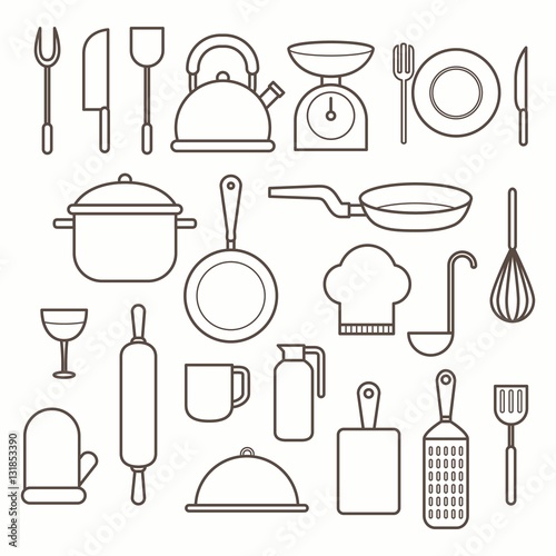 Kitchen and cooking icons with thin line. Vector illustration