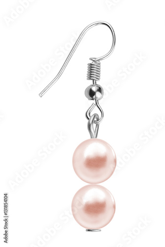 Close-up of elegant silver earrings with two big pink pearls, isolated on white background, clipping path included