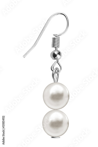 Close-up of elegant silver earrings with two big white pearls, isolated on white background, clipping path included