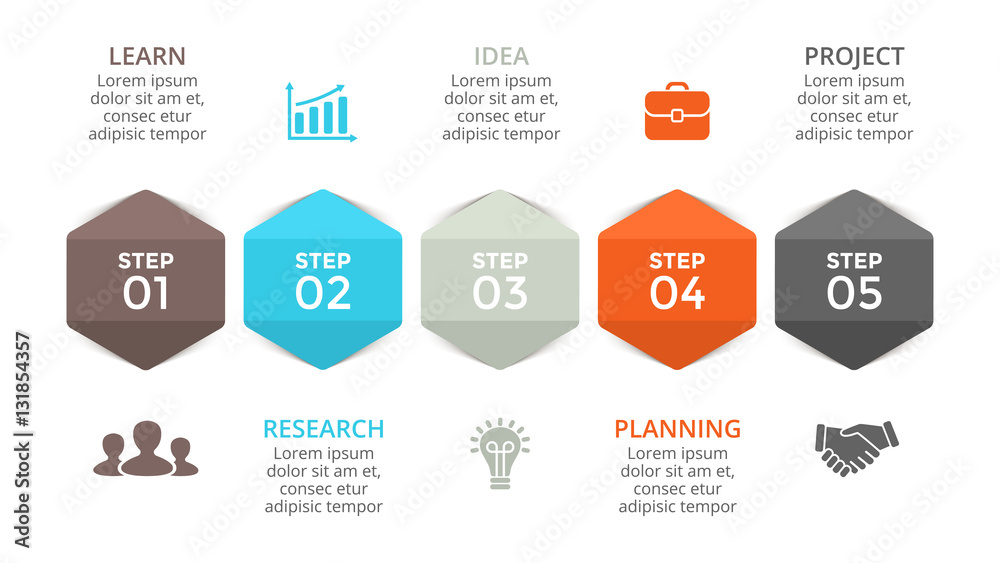Vector arrows hexagons timeline infographic, diagram chart, graph. Business concept with 5 options, parts, steps, processes. 16:9. Ready for presentation slide.