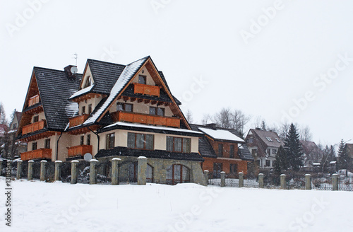 Snowing in Tatry mountains. Zakopane city. Poland.