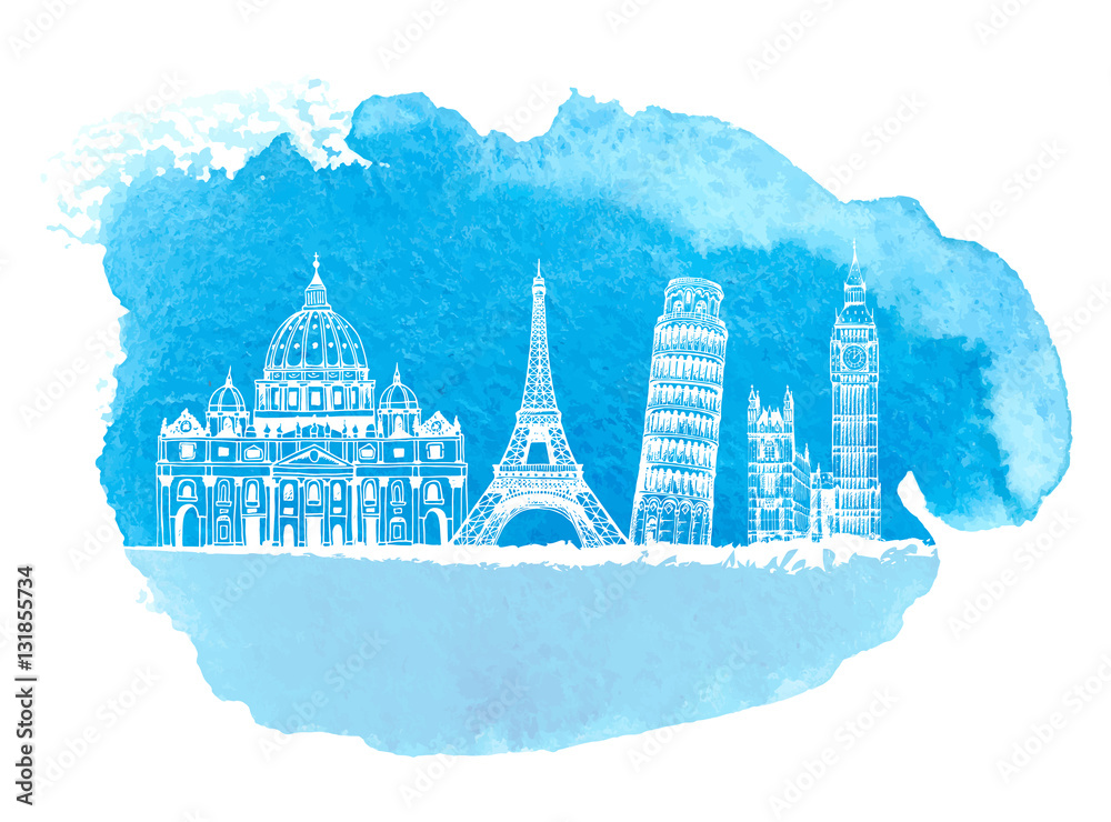 St. Peter's Basilica, Eiffel Tower, Tower of Pisa, Big Ben (Elizabeth Tower), world landmarks vector set on hand drawn watercolor background, isolated on white