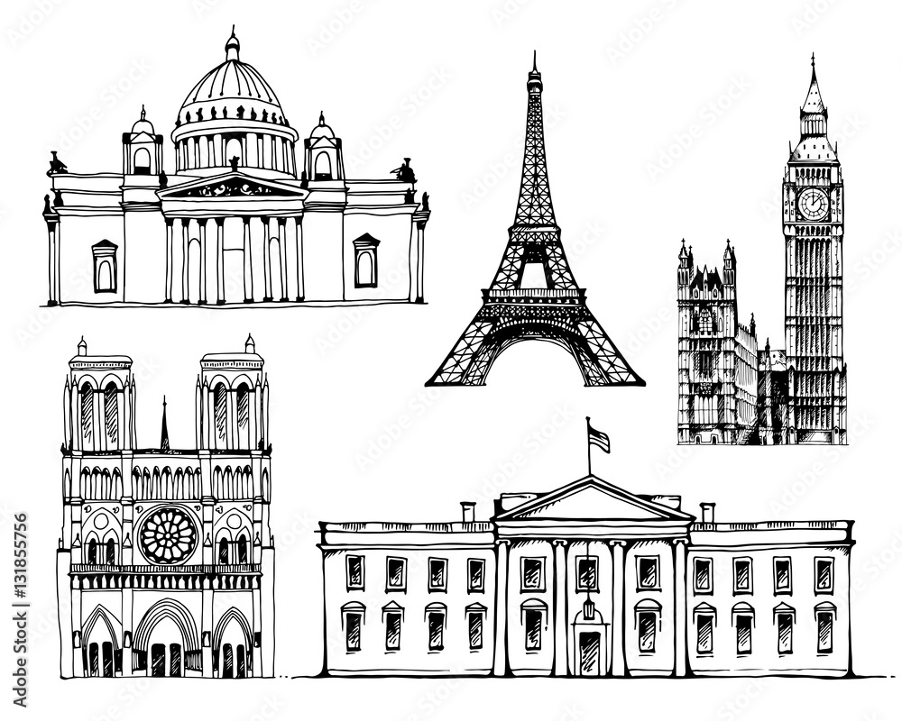 Coliseum, White House,Tower of Pisa, Capitol Building, Eiffel Tower, vector set illustrations isolated on white background